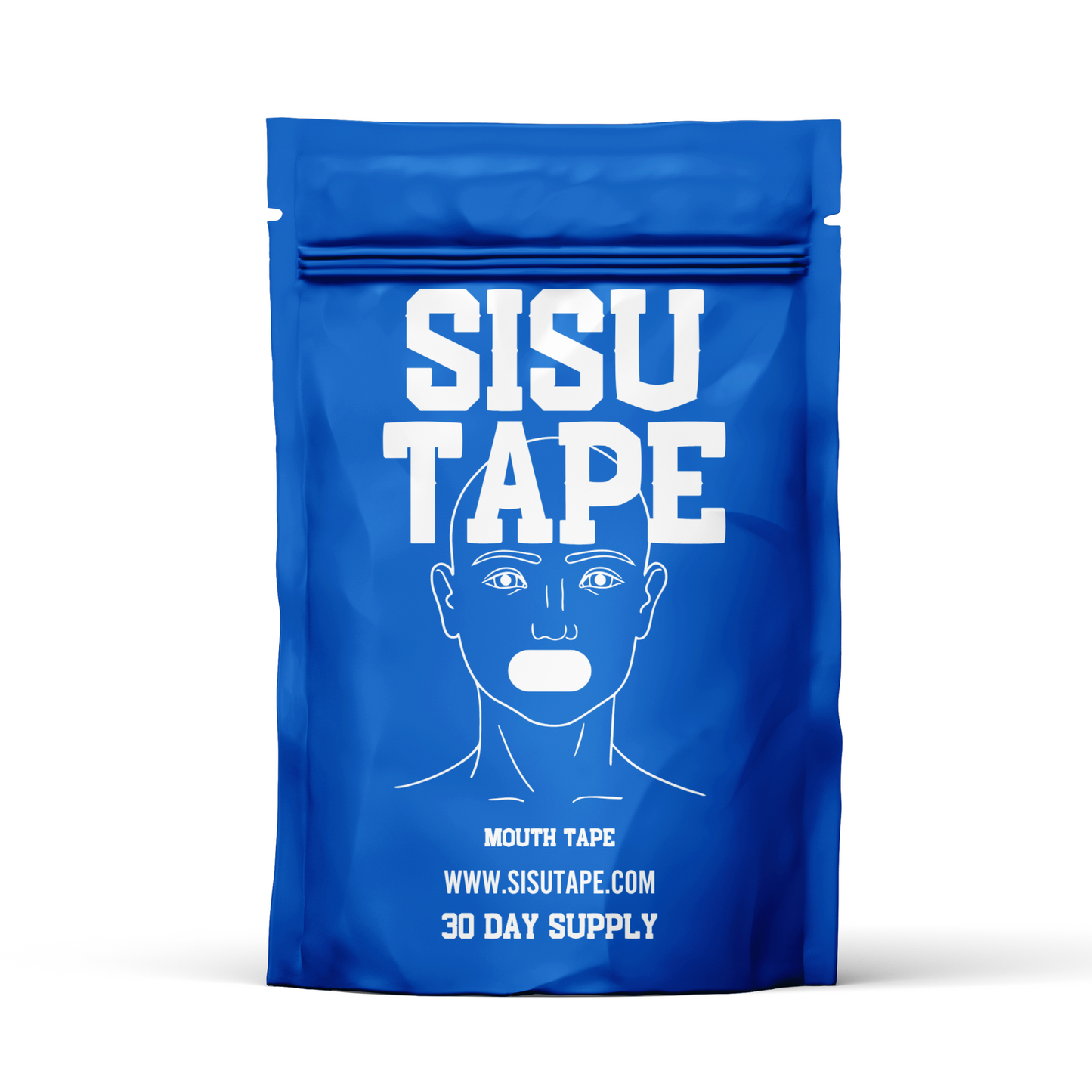 A blue package of Sisu mouth tape with a white graphic of a mouth breathing through an open nose and the text 'MOUTH TAPE
30 DAY SUPPLY'.