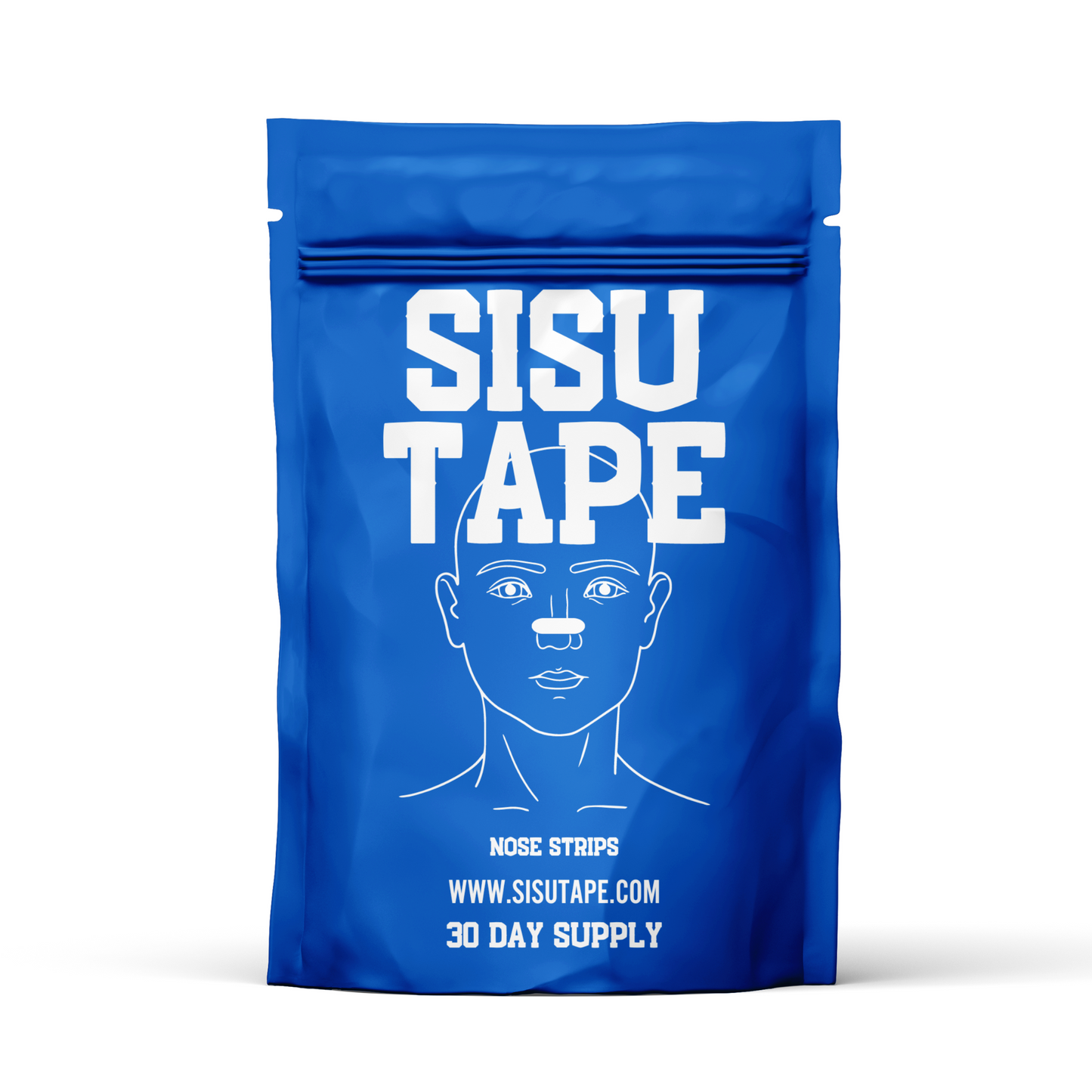 Two blue packages labeled 'SISU TAPE' with the text 'Mouth Tape' and 'Nose Strips' indicating the product includes both mouth and nose strips. The packages mention '30 day supply' and 'BUNDLE'.
