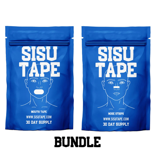 Two blue packages labeled 'SISU TAPE' with the text 'Mouth Tape' and 'Nose Strips' indicating the product includes both mouth and nose strips. The packages mention '30 day supply' and 'BUNDLE'.